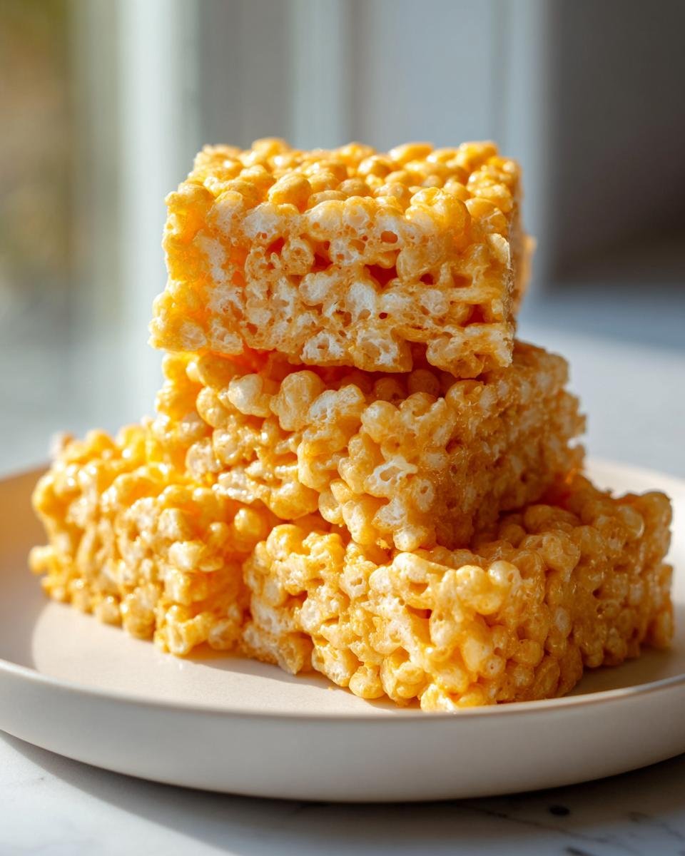 A stack of three golden, chewy Rice Krispie Treats resting on a light-colored plate.