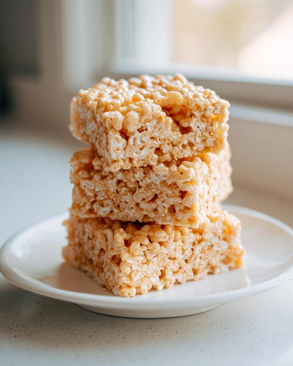 A stack of three perfectly square Rice Krispie Treats resting on a small white plate near a window.