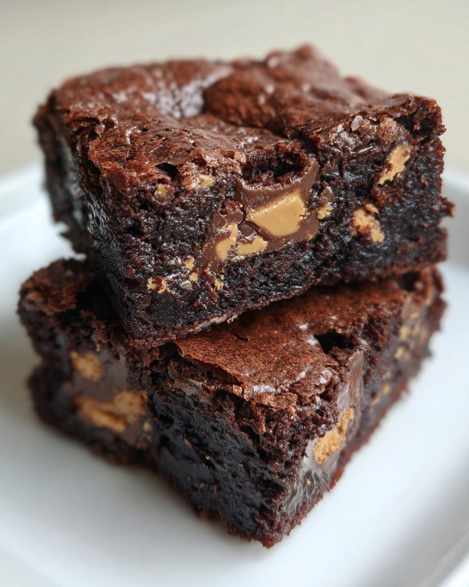 Two fudgy Reeses Brownies stacked on a white plate, showing melted peanut butter cups inside.