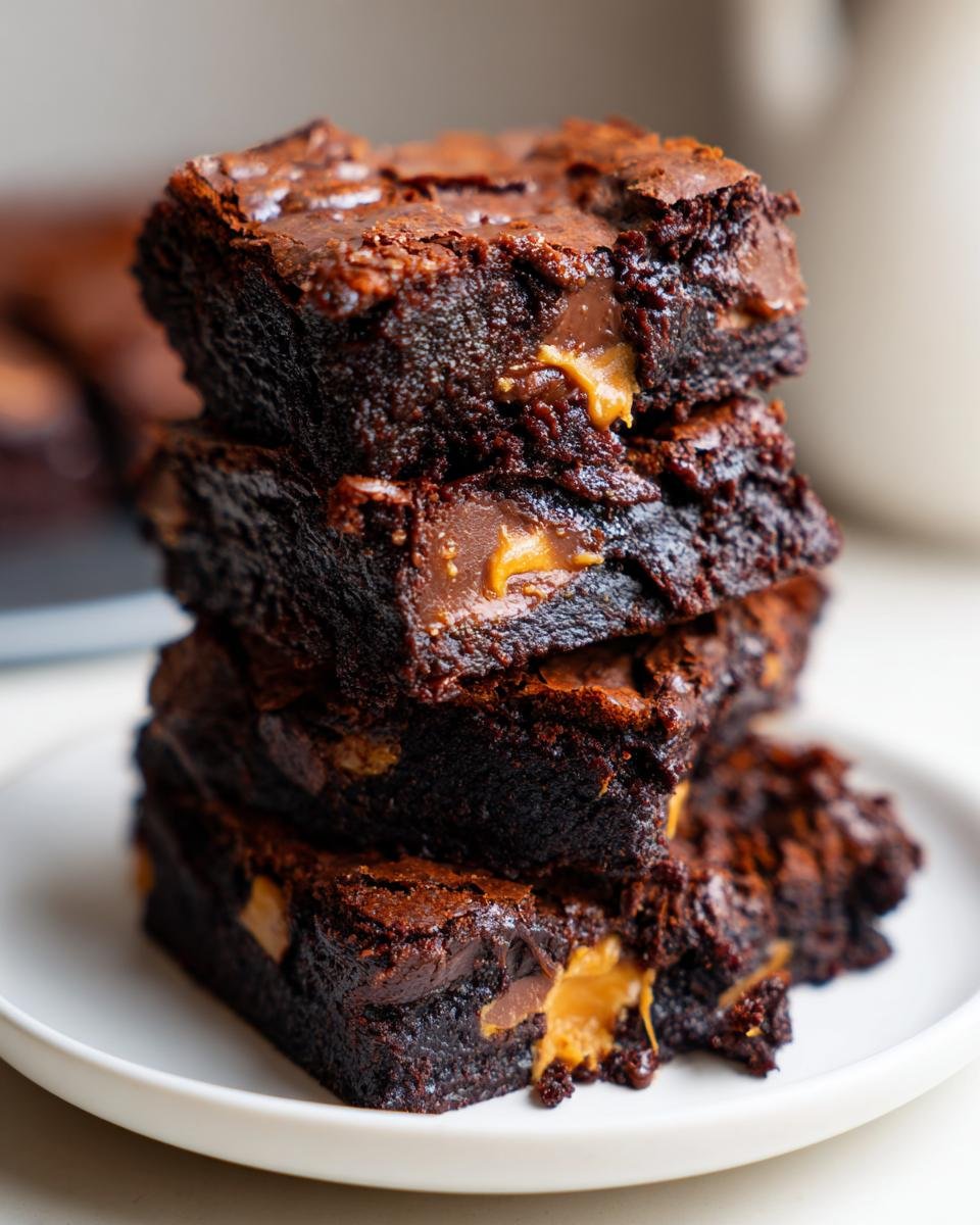 A stack of four fudgy Reeses Brownies showing gooey peanut butter filling oozing out.