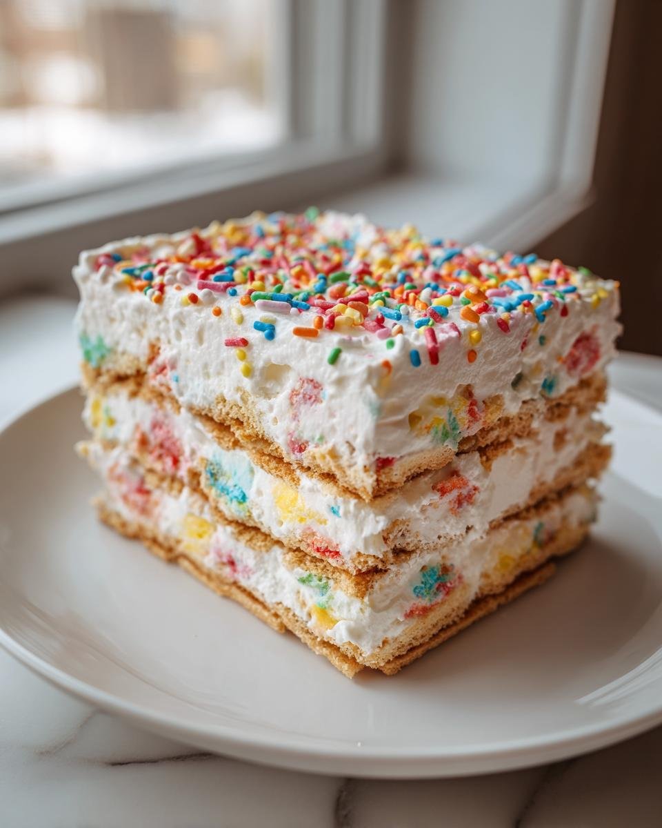 A tall, stacked slice of Funfetti Icebox Cake featuring layers of graham crackers and creamy filling studded with colorful sprinkles.