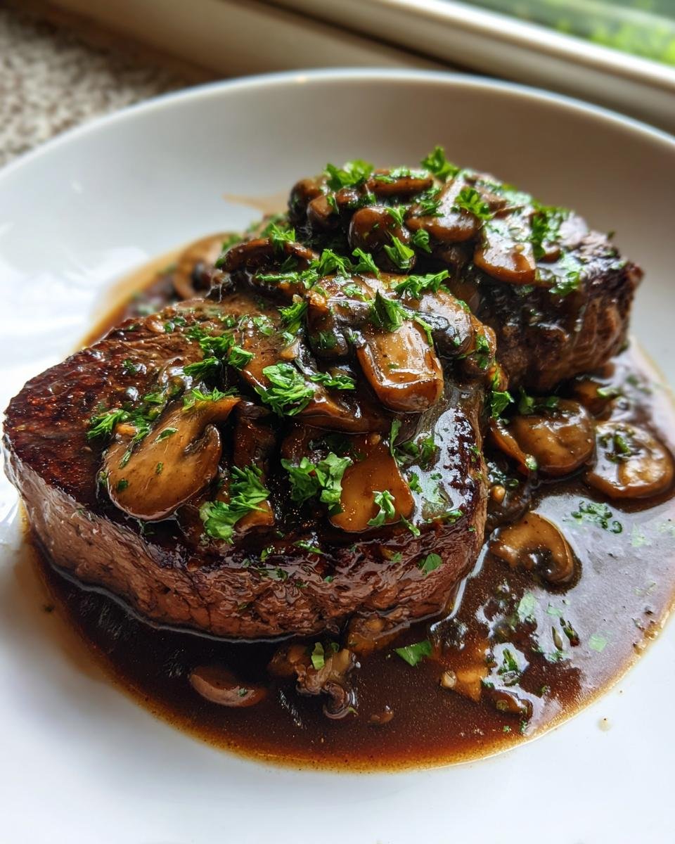 Two steaks smothered in rich, dark Hunters Sauce with sliced mushrooms and fresh parsley.