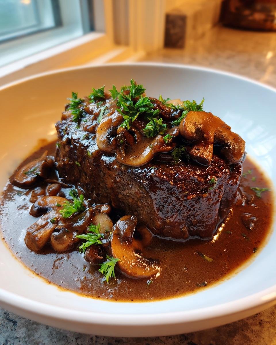 A thick piece of steak smothered in rich brown Hunters Sauce and saut&eacute;ed mushrooms, garnished with parsley.