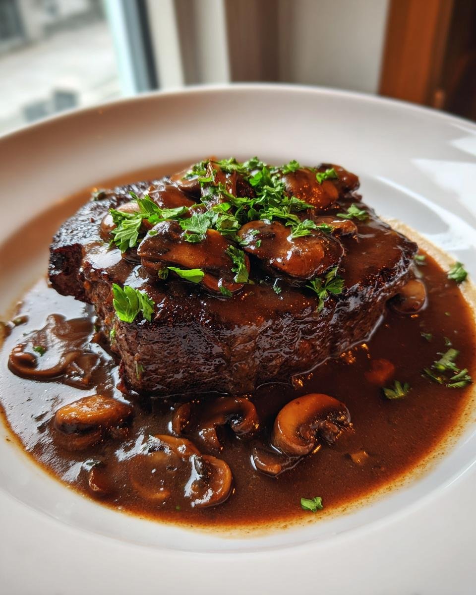 A perfectly cooked steak smothered in rich, dark Hunters Sauce and topped with saut&eacute;ed mushrooms and fresh parsley.