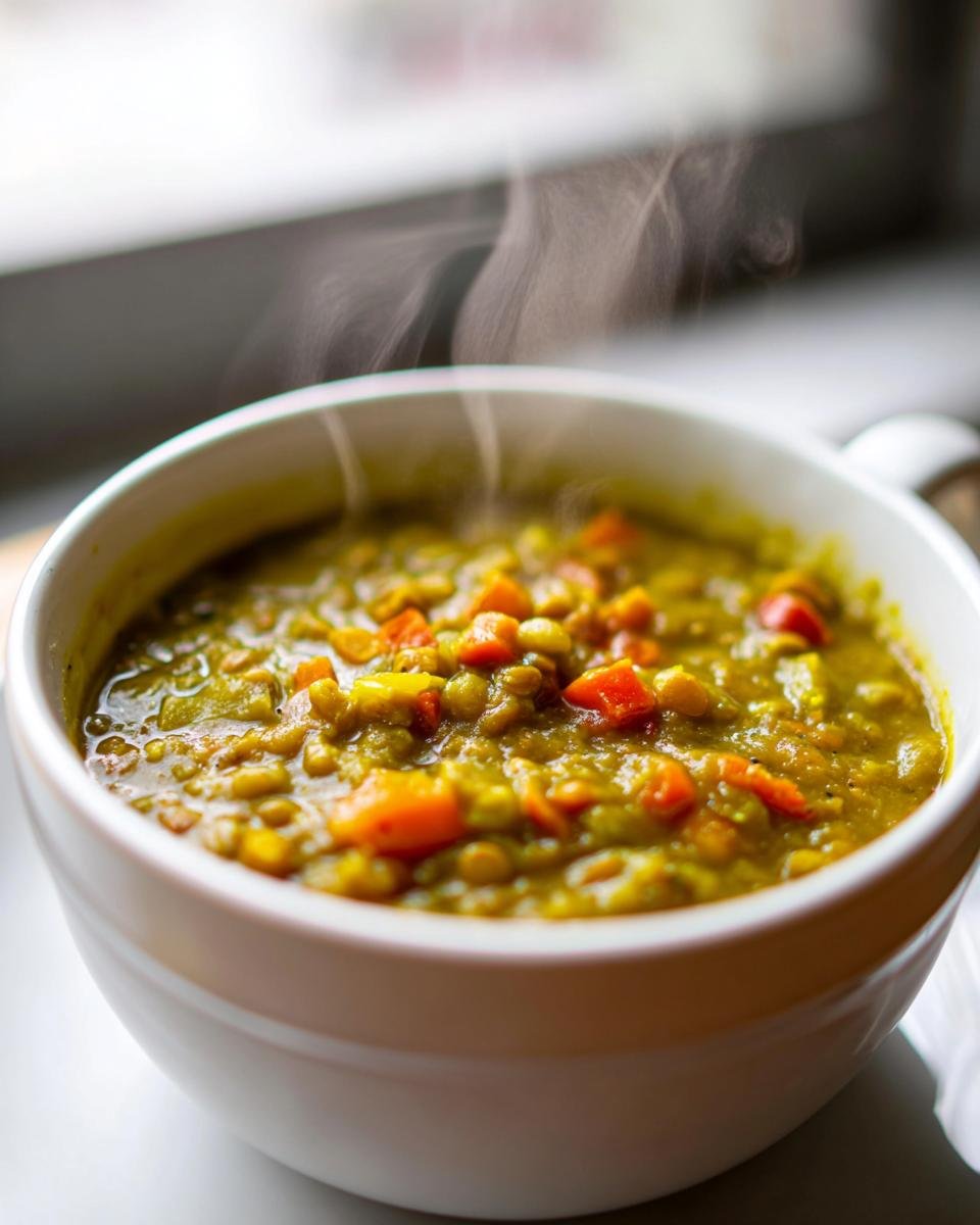 Close-up of a steaming white bowl filled with thick, green Split Pea Soup topped with diced orange carrots.