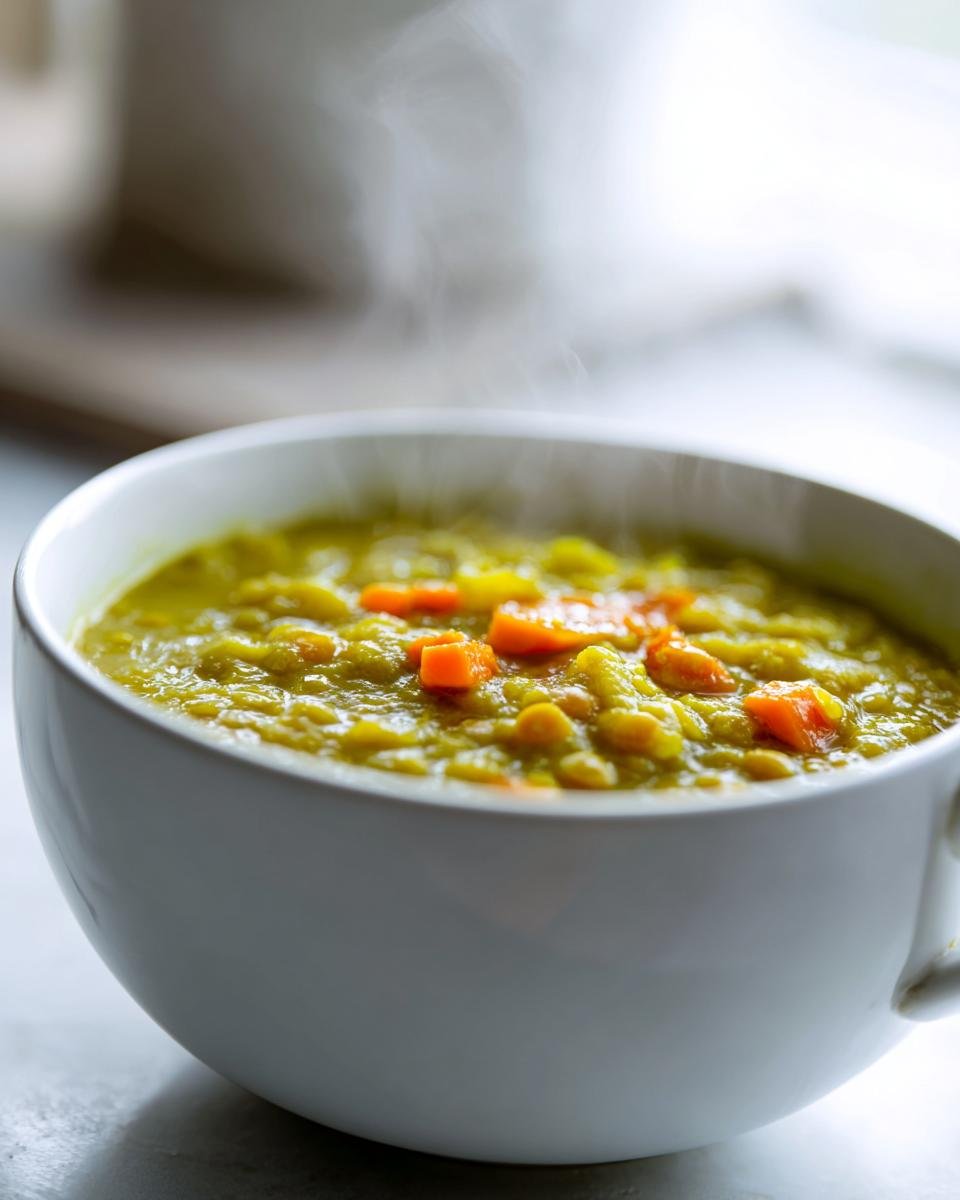 Close-up of a steaming white bowl filled with thick, green Split Pea Soup topped with diced orange carrots.
