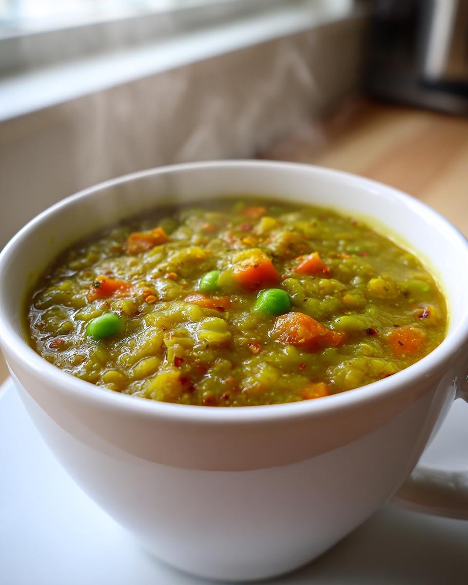 Close-up of a steaming white mug filled with thick, green Split Pea Soup featuring visible chunks of bright orange carrots and whole green peas.