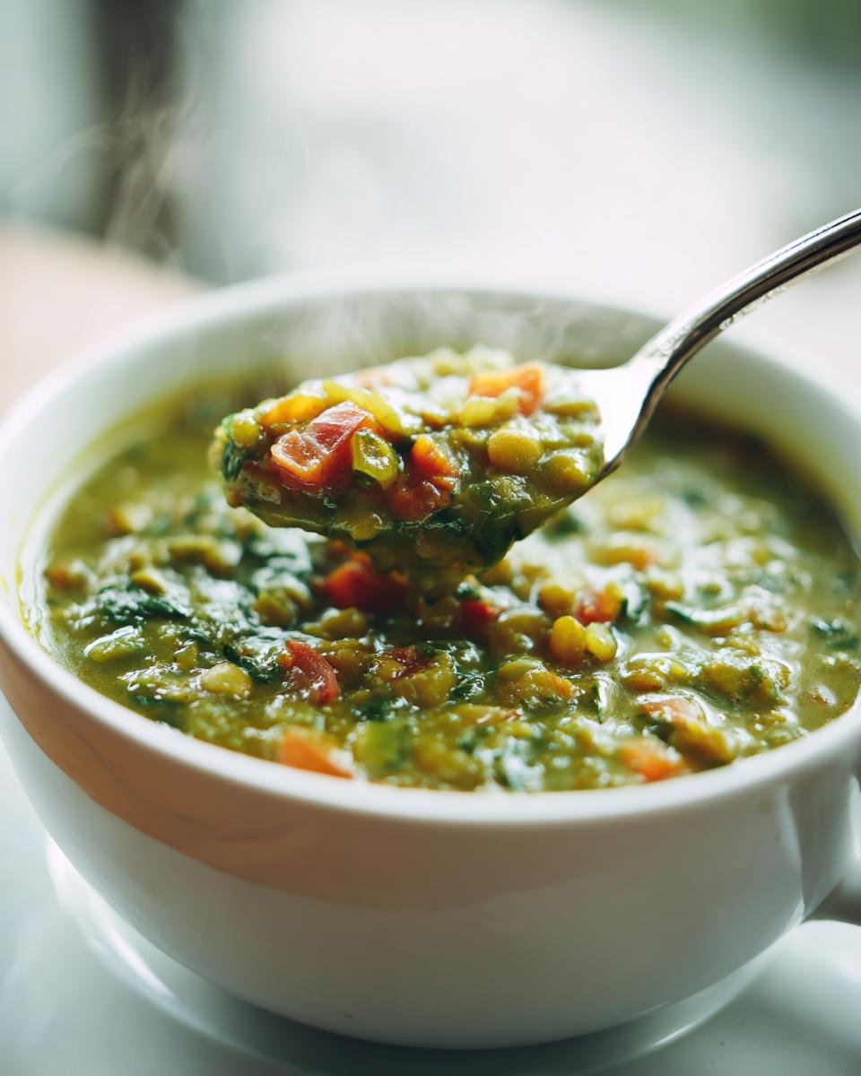 A spoonful of hot, chunky Split Pea Soup with visible carrots and greens being lifted from a white bowl.
