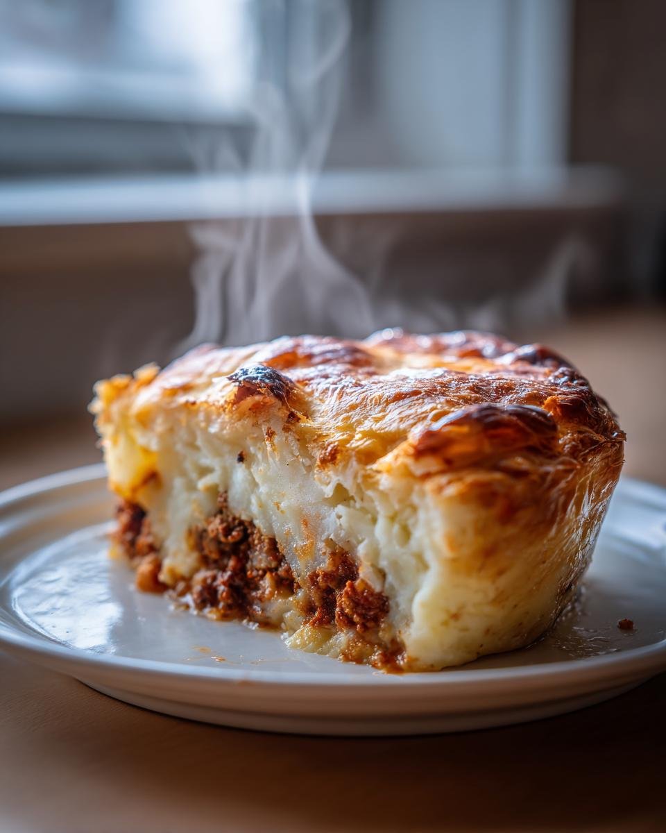 A hot, steaming slice of Turkey Potato Pie showing a rich meat filling topped with golden, browned mashed potatoes.