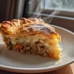 A hot, steaming slice of Turkey Potato Pie featuring a flaky golden crust and layers of ground turkey and mashed potatoes.