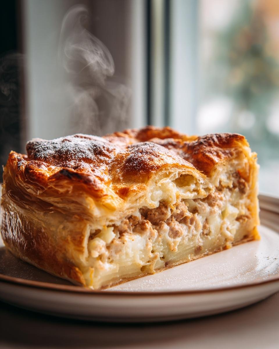 A hot, steaming slice of Turkey Potato Pie with a golden, flaky crust and visible layers of turkey and potato filling.