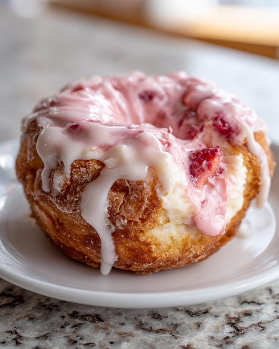A close-up of a freshly made Strawberry Cheesecake Donut with thick white and pink strawberry glaze dripping down the sides.