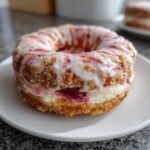 A close-up of a delicious Strawberry Cheesecake Donut, split and filled with cream cheese and jam, topped with glaze.