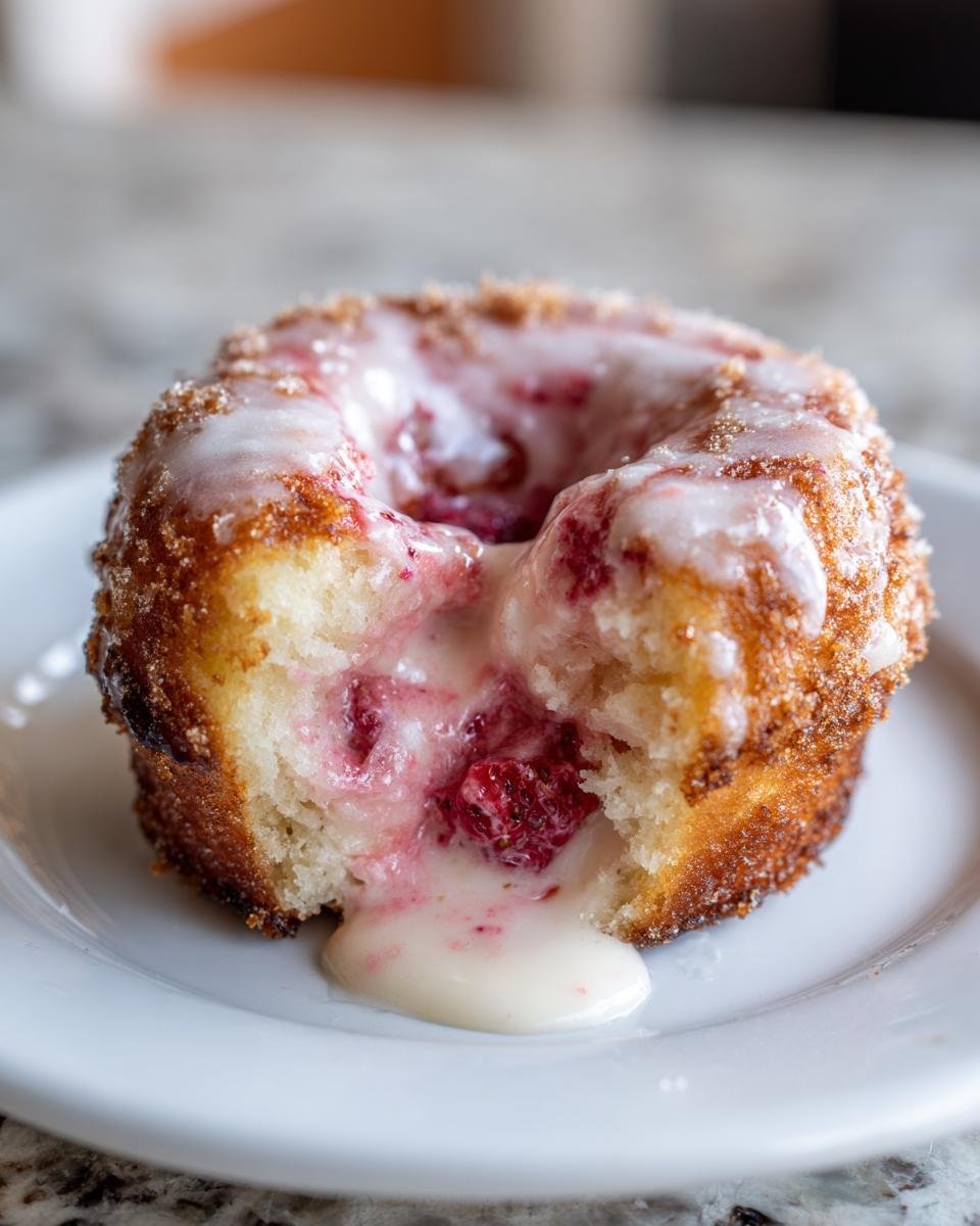Close-up of a Strawberry Cheesecake Donuts with a bite taken out, showing creamy filling and berries oozing onto a white plate.