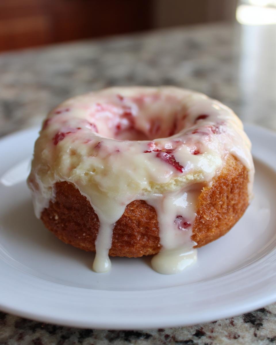 A single, baked Strawberry Cheesecake Donut topped with a thick, dripping cream cheese glaze featuring visible pieces of strawberry.