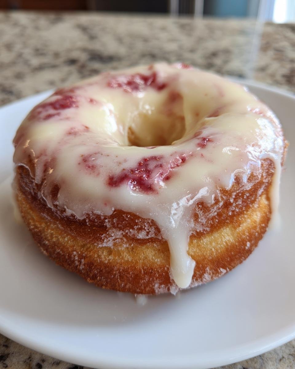 A single, golden-brown baked Strawberry Cheesecake Donut topped with a thick, white glaze swirled with pink strawberry pieces.