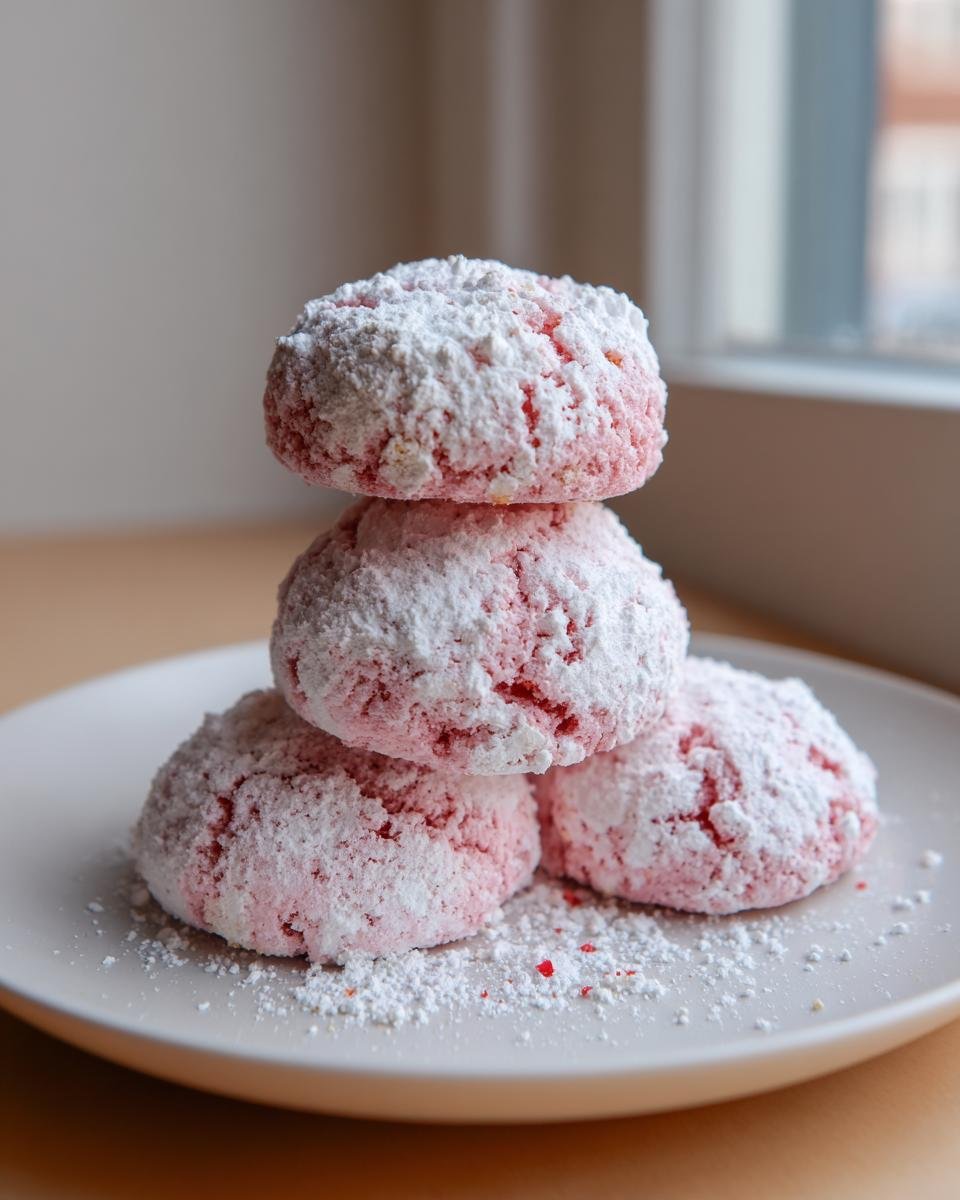 A stack of four pink Strawberry Cookies heavily coated in white powdered sugar resting on a light plate.