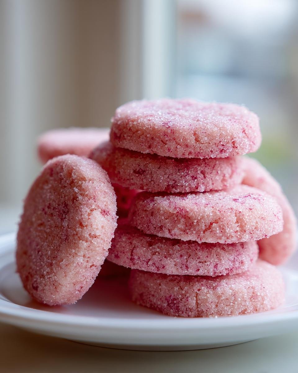 A close-up stack of pink Strawberry Sugar Cookies heavily coated in sparkling sugar crystals.