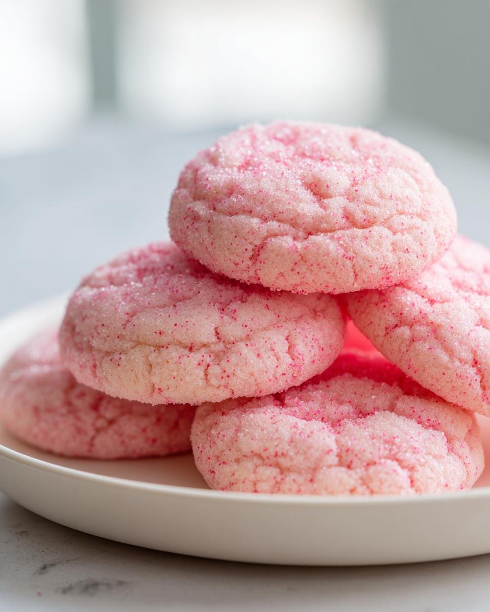 A close-up of several soft, pink Strawberry Sugar Cookies piled on a white plate, coated in sparkling sugar.