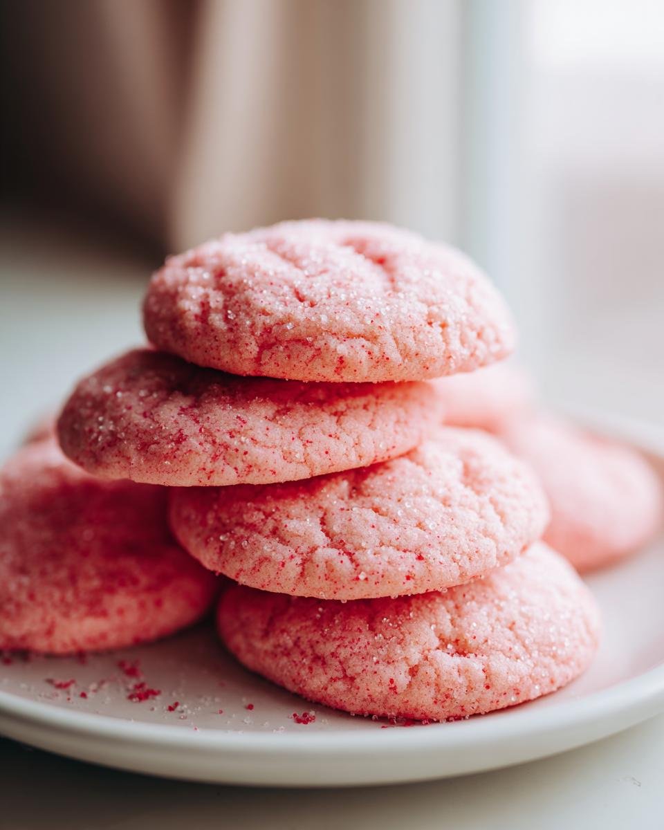 A stack of four soft, pink Strawberry Sugar Cookies coated in sparkling sugar crystals on a white plate.