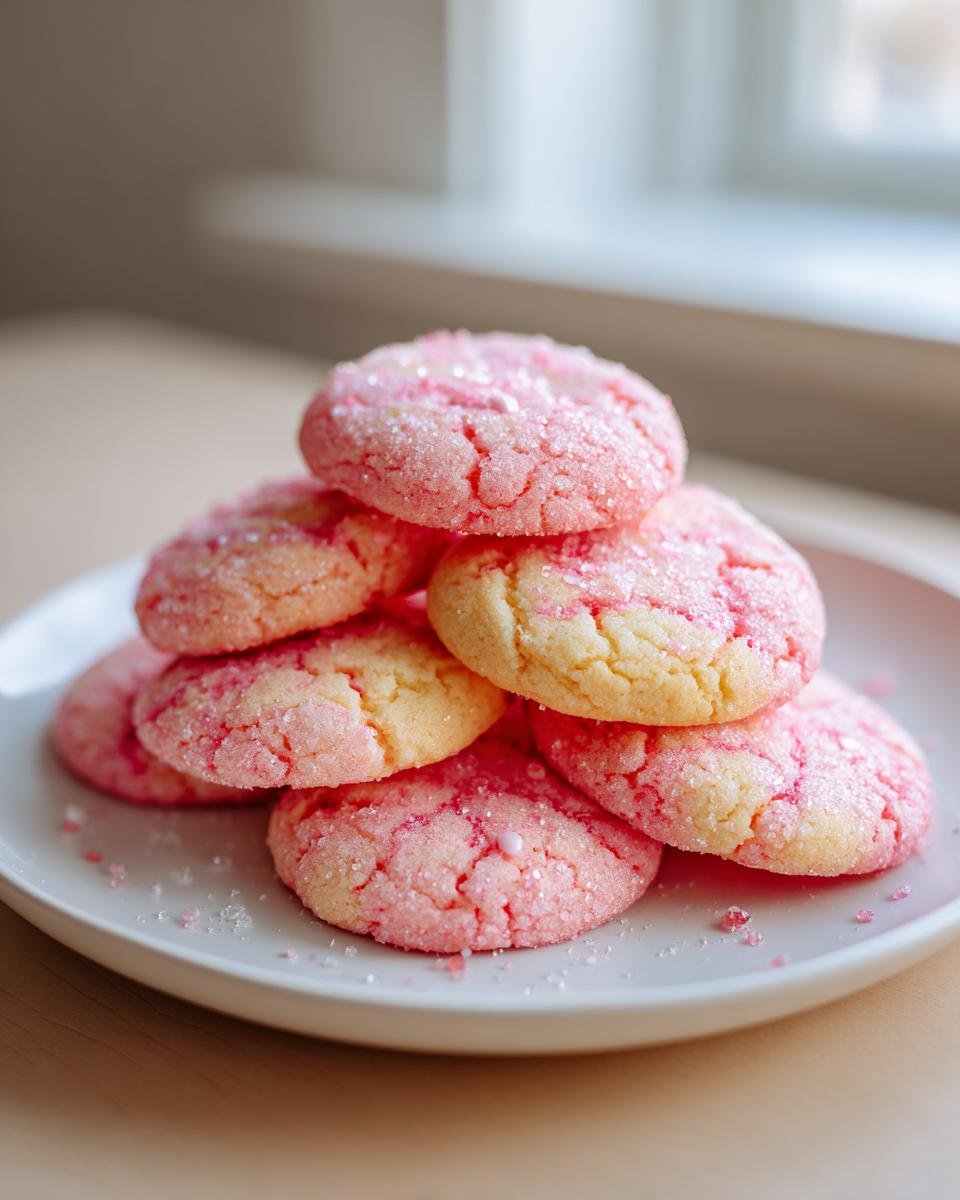 A stack of soft, pink-tinted Strawberry Sugar Cookies topped with sparkling sugar on a white plate.