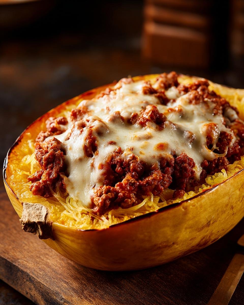 A close-up of a baked Stuffed Spaghetti Squash half filled with spaghetti strands, topped with rich meat sauce and melted mozzarella cheese.