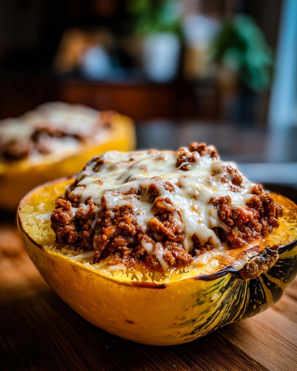 Close-up of a halved spaghetti squash filled with savory meat sauce and topped with melted mozzarella cheese, ready for eating.