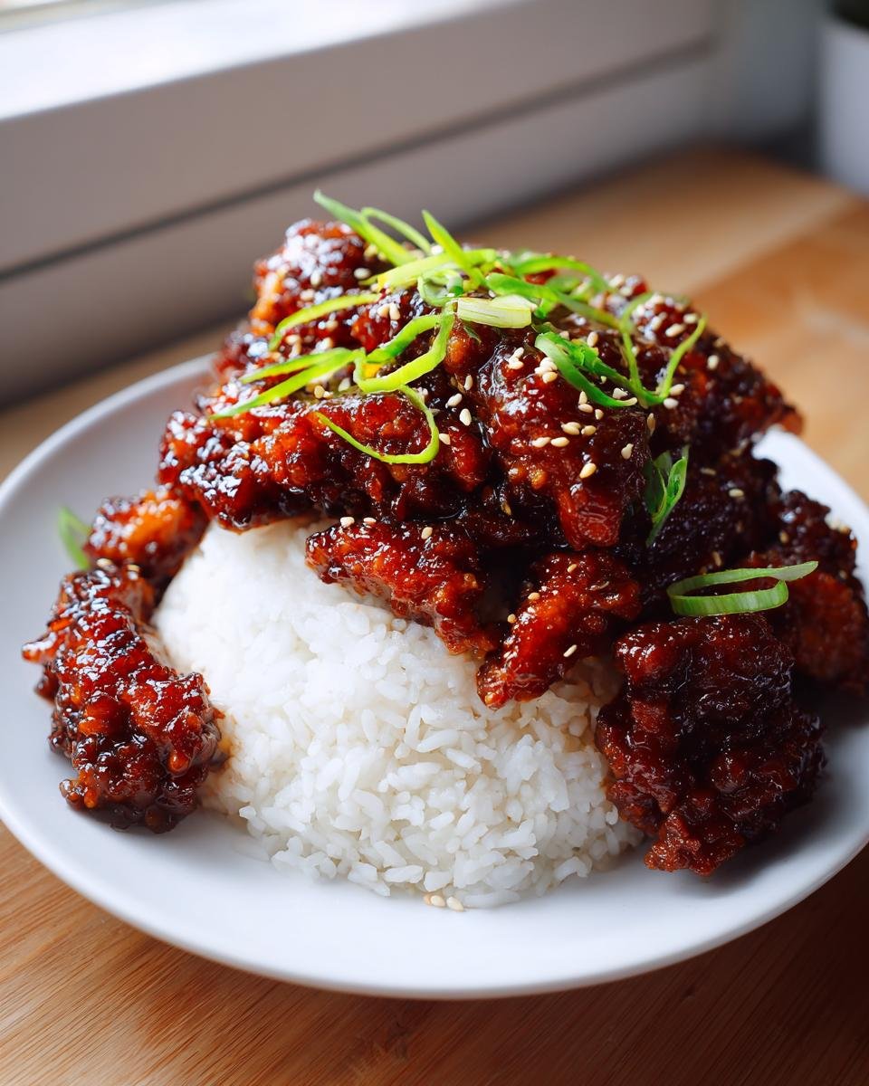 Close-up of crispy Teriyaki Chicken And Rice, topped with sesame seeds and green onions.