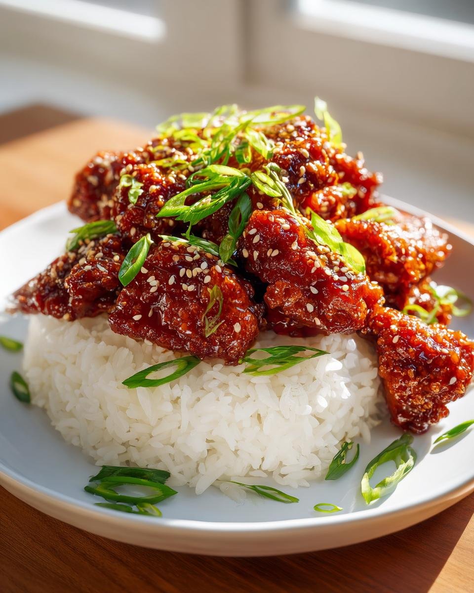 A plate of Teriyaki Chicken And Rice featuring glossy, dark glazed chicken pieces served over a mound of white rice and topped with green onions.