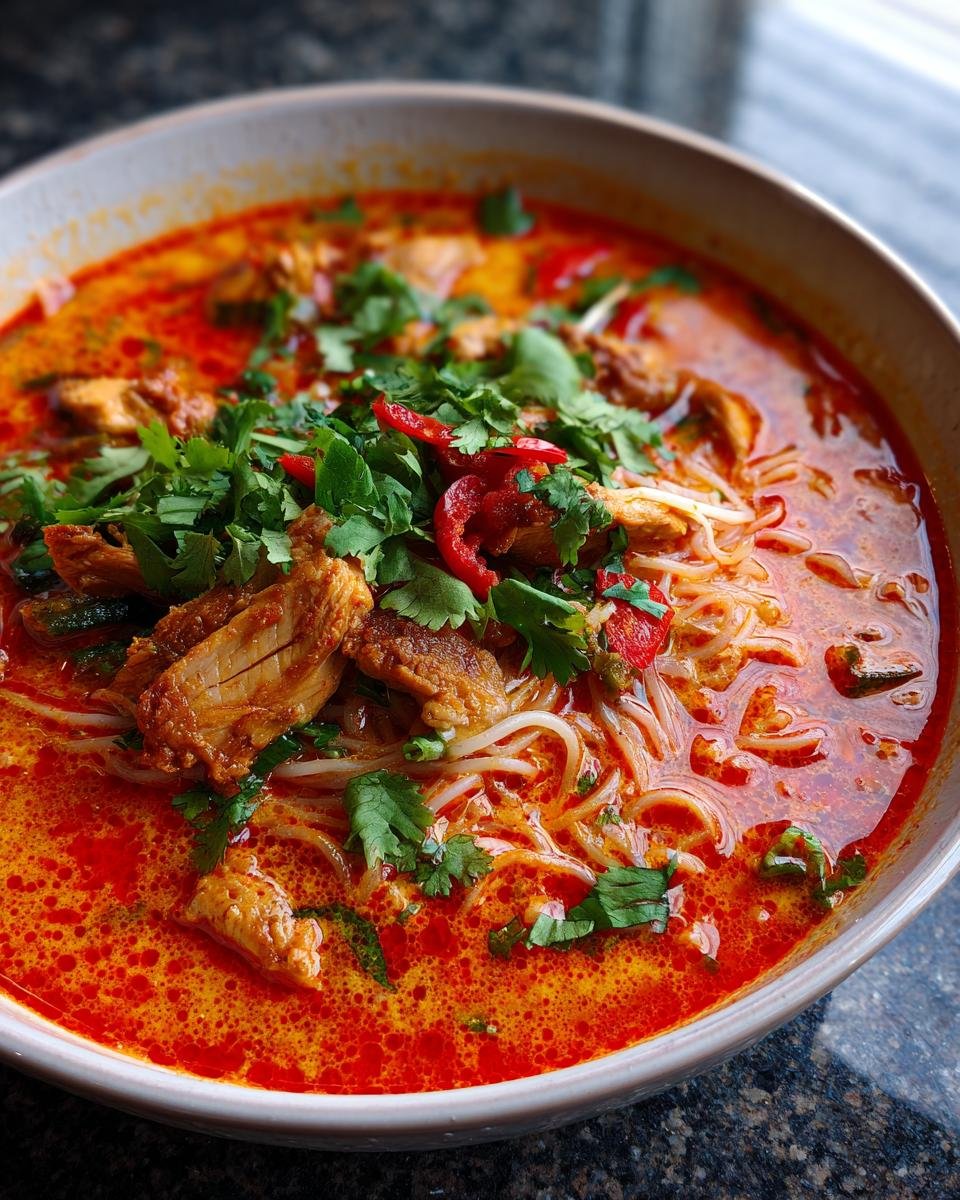 Close-up of a bowl of rich, red Thai Red Curry Noodle Soup topped with chicken, noodles, and fresh cilantro.