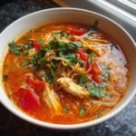 A close-up of a white bowl filled with vibrant Thai Red Curry Noodle Soup, featuring shredded chicken, red peppers, and fresh cilantro.