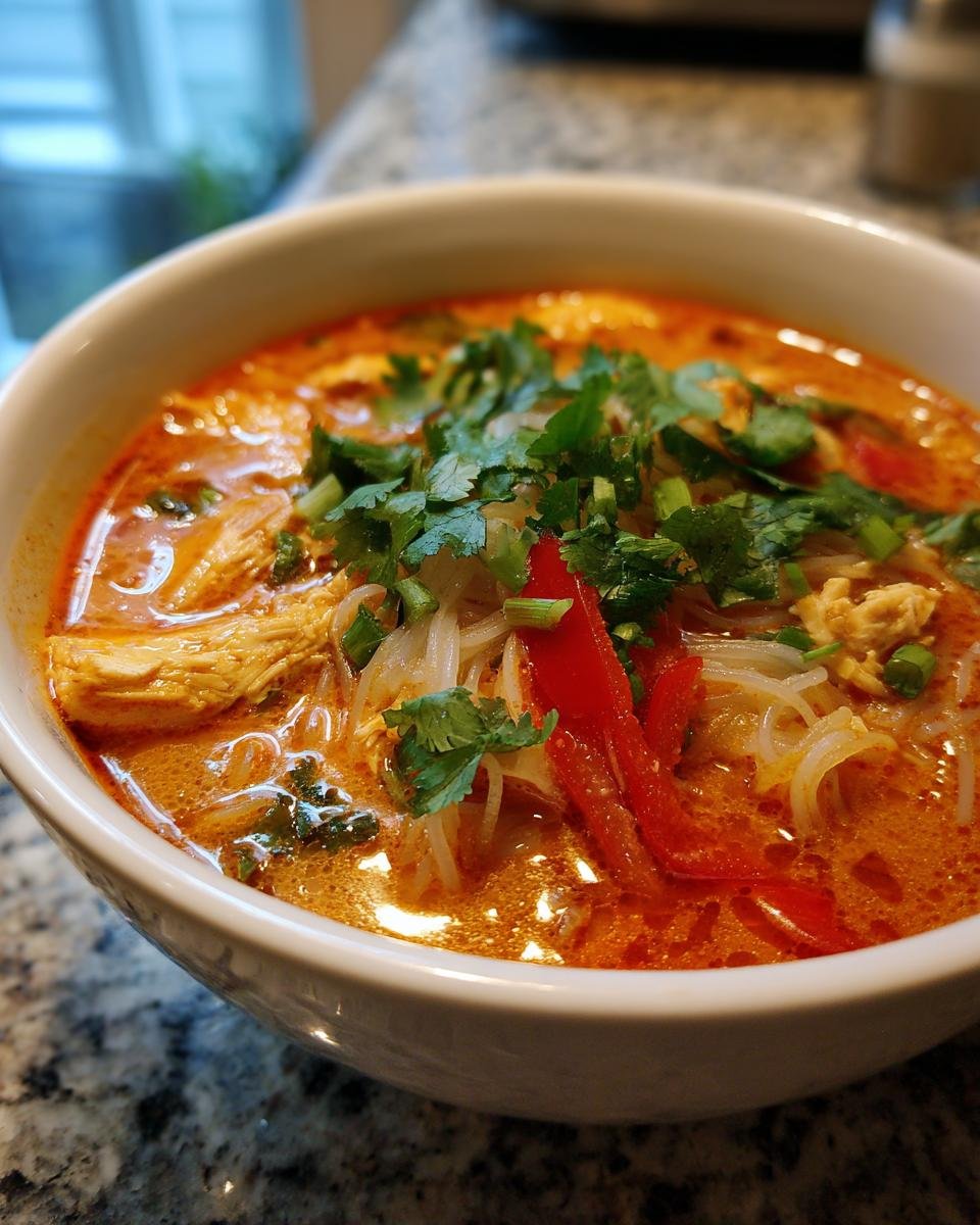 Close-up of a white bowl filled with vibrant Thai Red Curry Noodle Soup, topped with fresh cilantro.