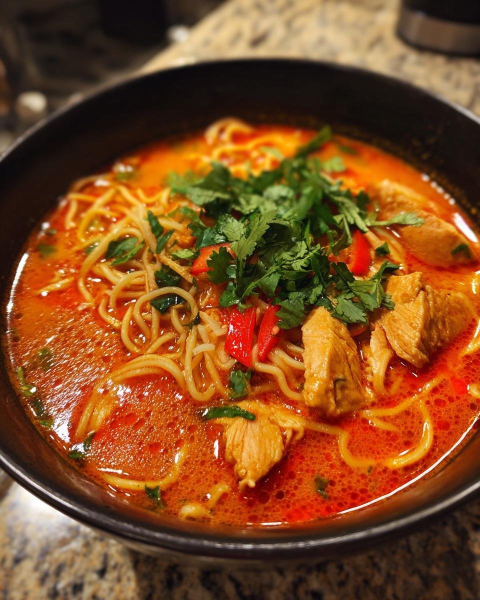 A close-up, appetizing shot of Thai Red Curry Noodle Soup featuring noodles, chicken pieces, and fresh cilantro.