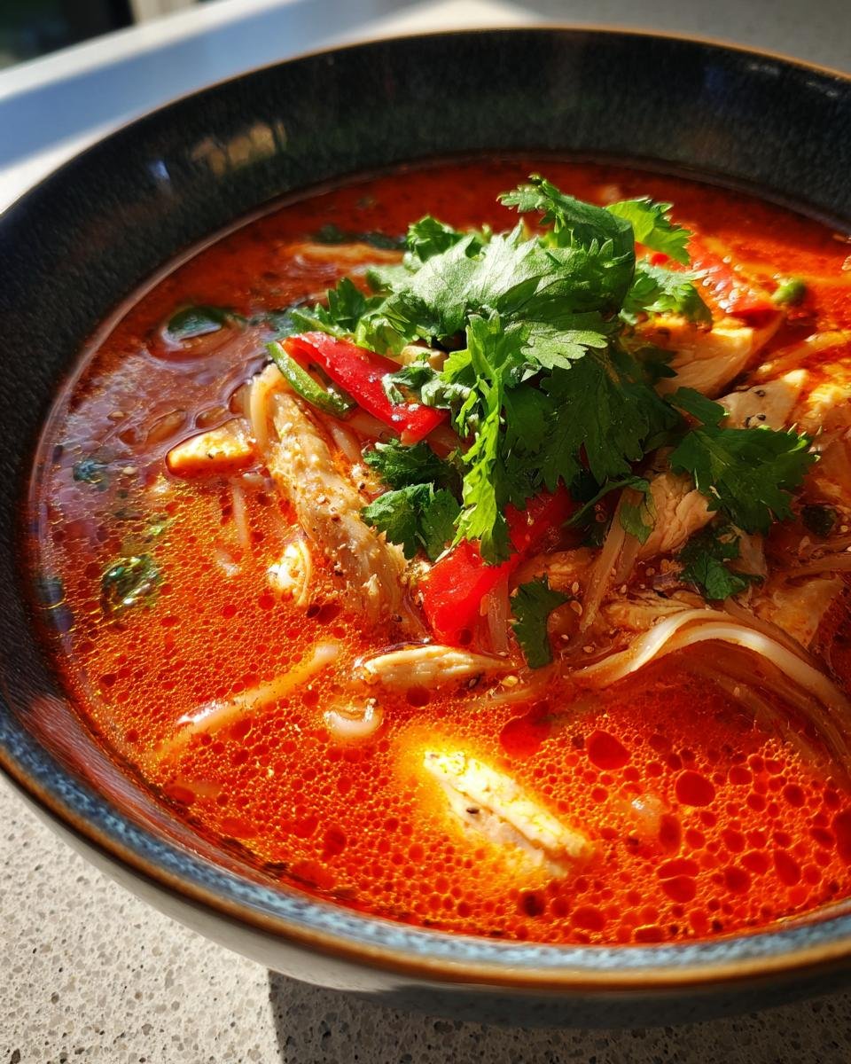 Close-up of a rich, red broth in Thai Red Curry Noodle Soup, topped with chicken, noodles, and fresh cilantro.