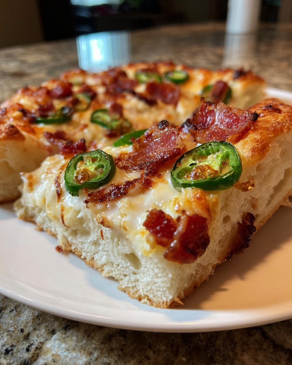 A thick slice of Jalapeno Popper Pizza showing a fluffy crust, melted cheese, bacon, and bright green jalapeno slices.