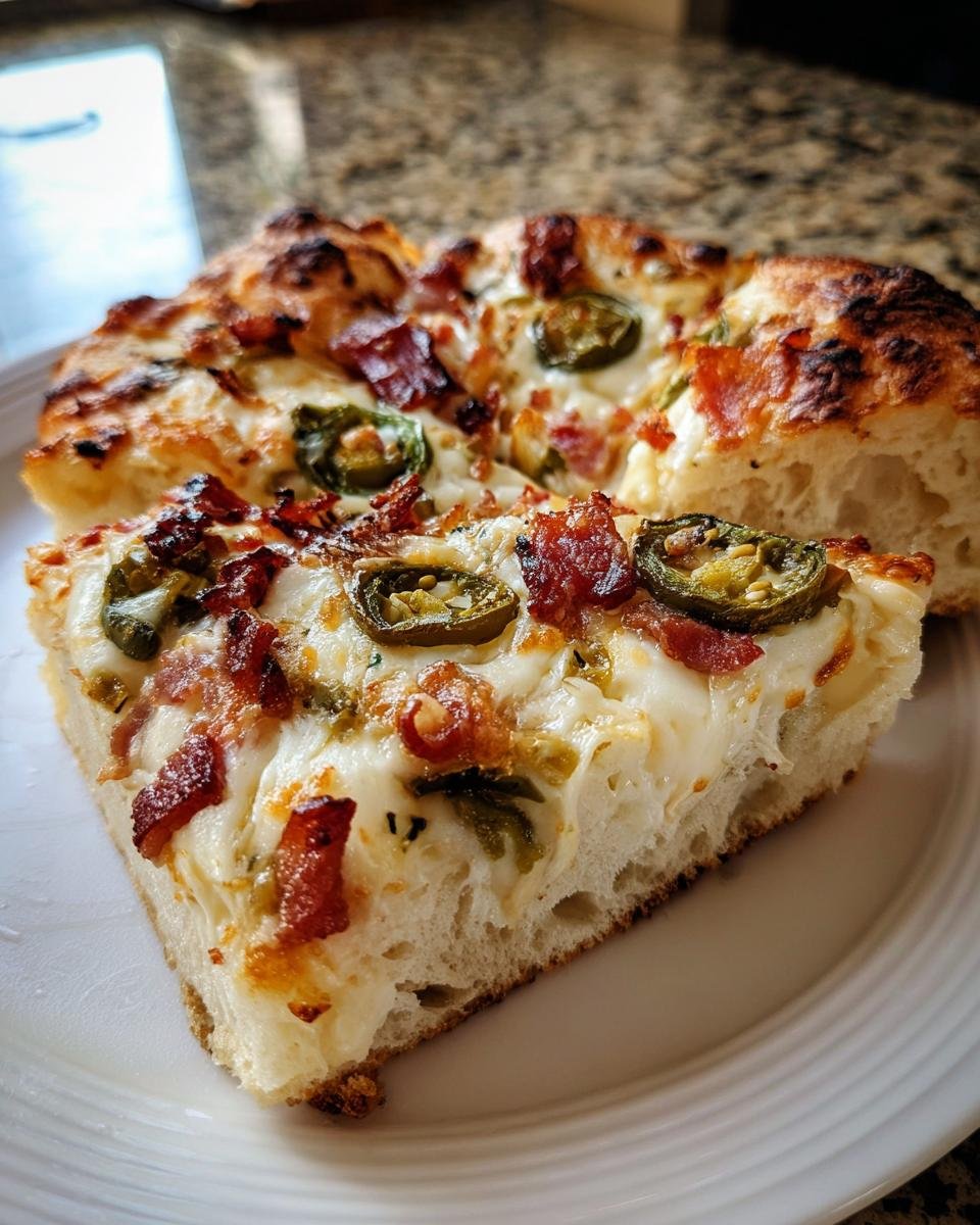 A thick slice of Jalapeno Popper Pizza topped with melted cheese, bacon bits, and sliced jalapenos on a white plate.