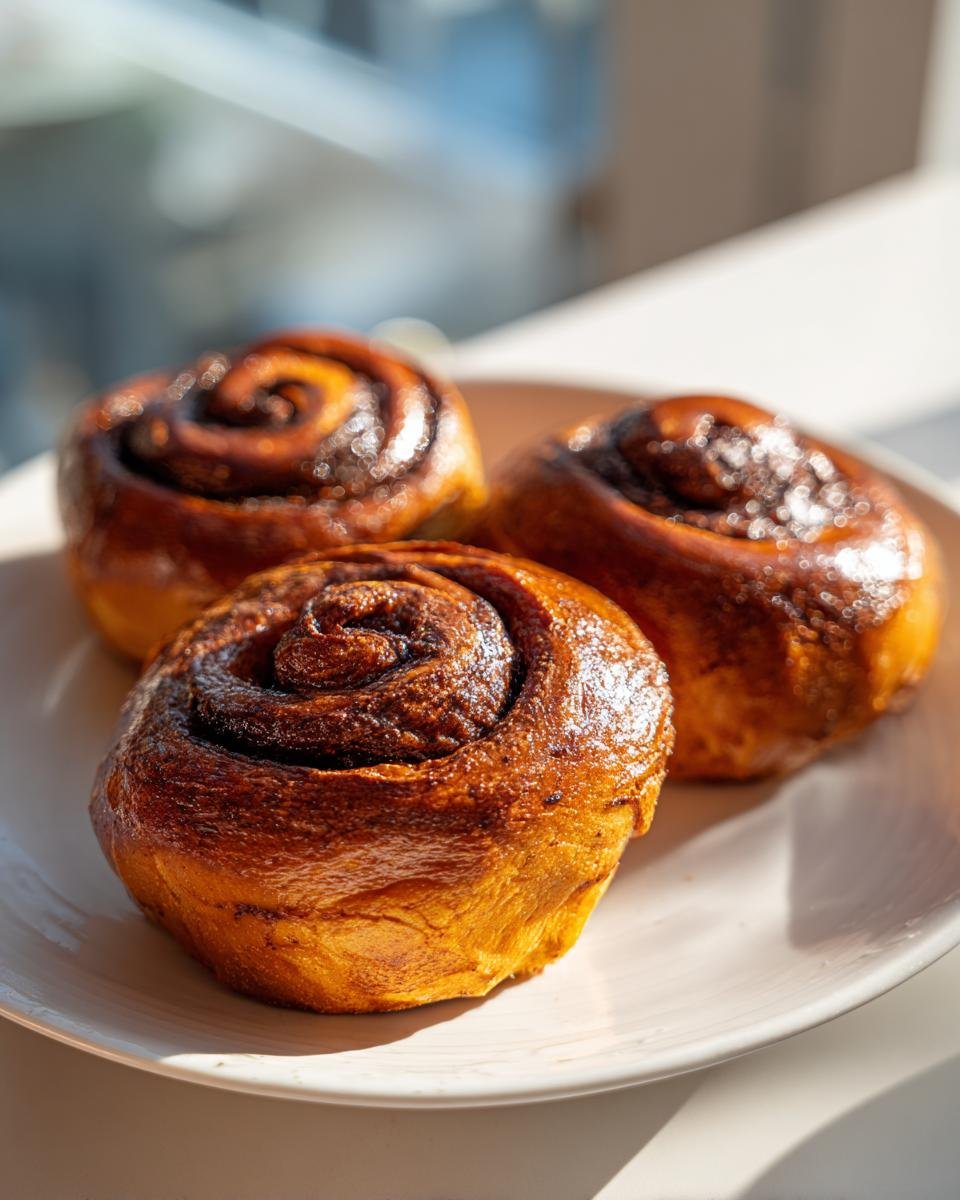 Three freshly baked, glossy Nutella Rolls sitting closely together on a light-colored plate, bathed in sunlight.