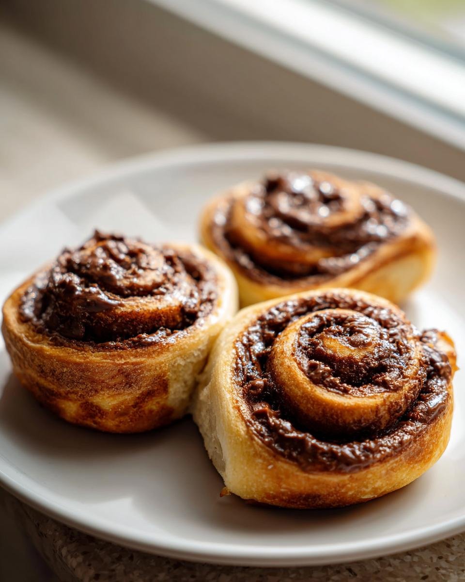 Close-up of three freshly baked Nutella Rolls with rich chocolate filling, resting on a white plate.