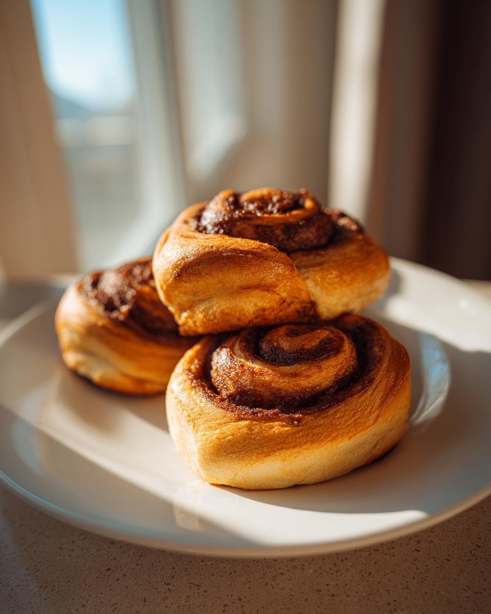 Close-up of three freshly baked, golden-brown Nutella Rolls stacked slightly on a white plate near a window.
