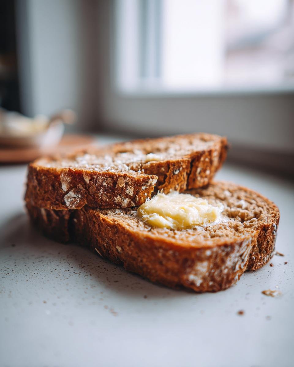 Two slices of toasted Ezekiel Bread topped with melting butter, ready to eat.