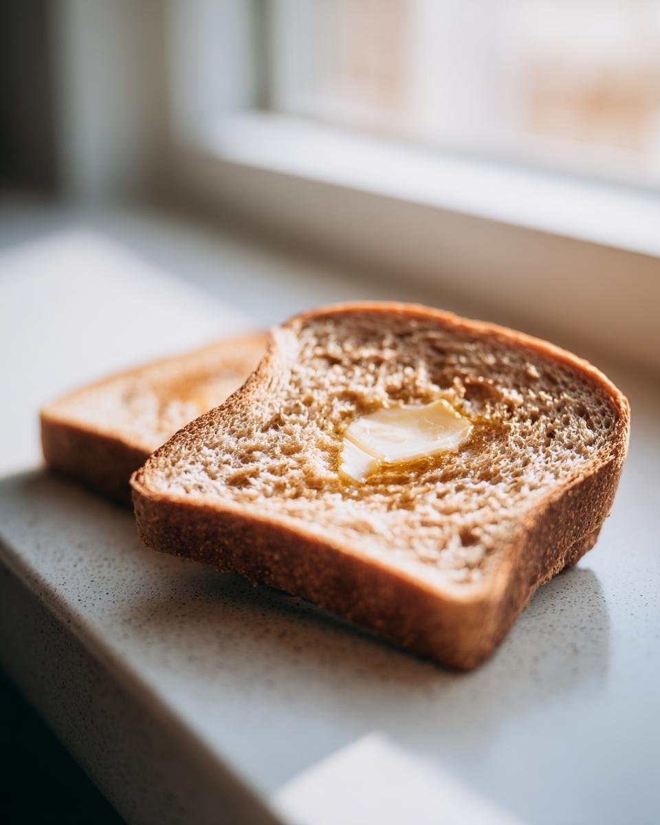 Close-up of a slice of toasted Ezekiel Bread melting butter on a light countertop near a window.