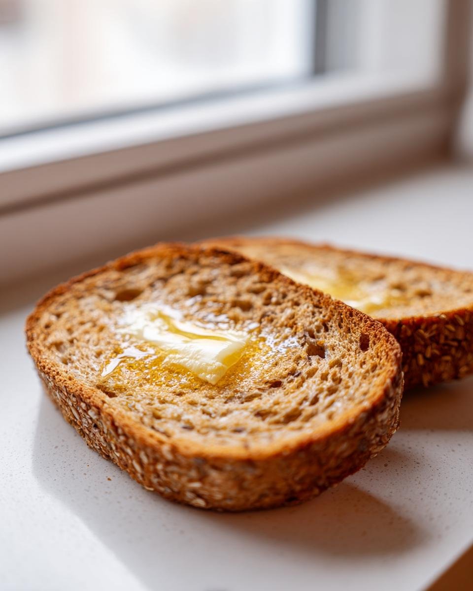 Close-up of two slices of toasted Ezekiel Bread topped with melting butter, sitting on a light surface near a window.