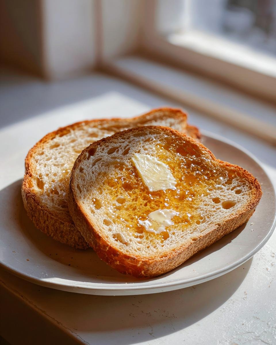 Two slices of toasted Ezekiel Bread topped with melting butter and honey, sitting on a plate in bright sunlight.