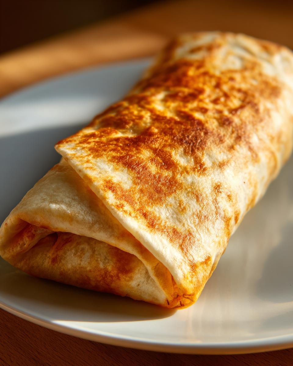 Close-up of a golden-brown, toasted Smoked Chicken Burrito resting on a white plate.