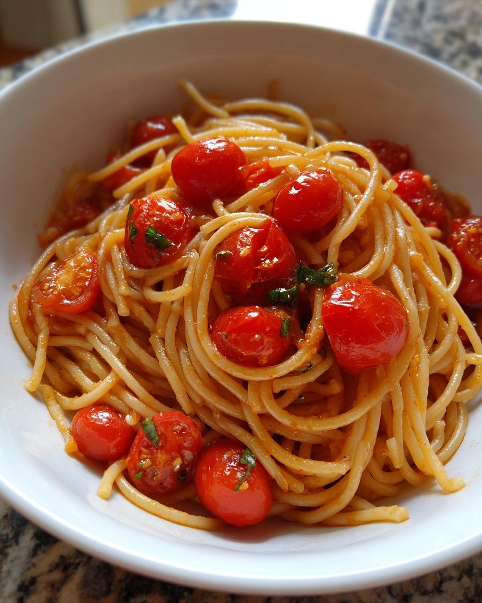 Close-up of spaghetti tossed in a light sauce with whole cherry tomatoes, representing the Tomato Garlic Pasta.