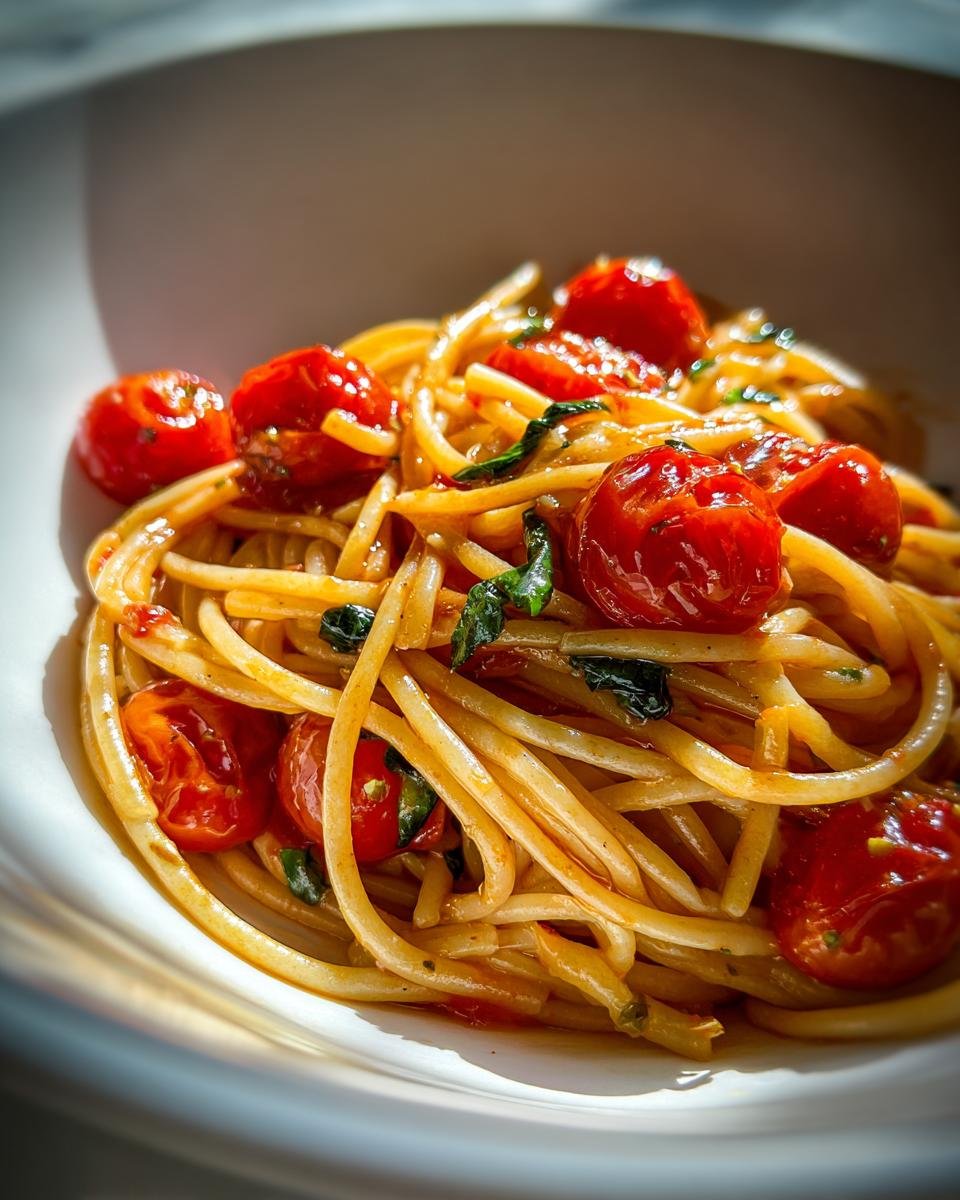 A close-up shot of freshly made Tomato Garlic Pasta tossed with blistered cherry tomatoes and basil in a white bowl.