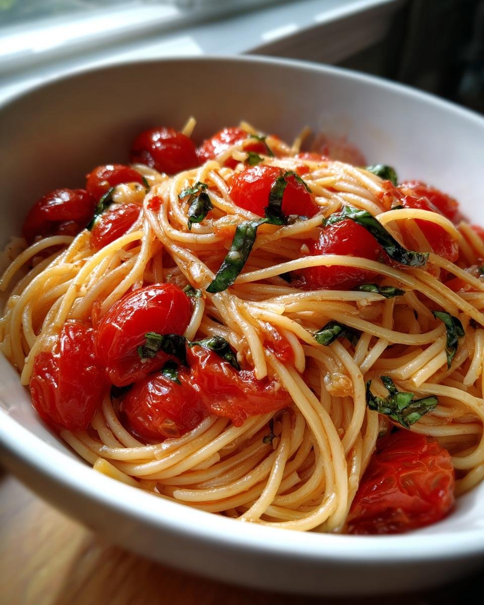 A close-up of steaming spaghetti tossed with blistered cherry tomatoes and fresh basil, showcasing the Tomato Garlic Pasta.