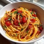 A close-up view of a bowl filled with glistening Tomato Garlic Pasta, featuring spaghetti tossed with burst cherry tomatoes and fresh basil.
