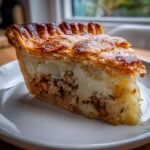 A close-up of a thick slice of Turkey Potato Pie showing ground turkey filling and mashed potato topping under a golden, flaky pastry crust.
