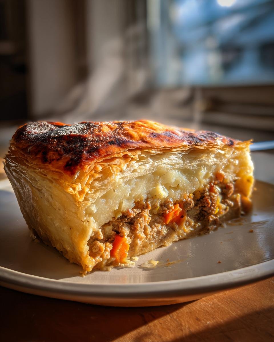 A close-up of a steaming slice of Turkey Potato Pie showing flaky pastry, ground turkey filling, and mashed potato topping.
